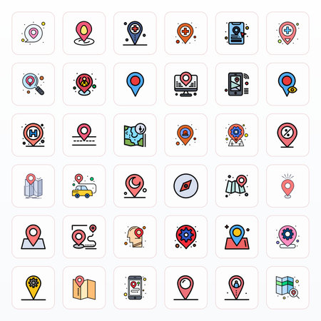 Innovative pack of 36 vector icons themed around Pinpoint Location, showcasing Filled Line design in High Resolution Pixel Optimized format for modern digital solutions.のイラスト素材