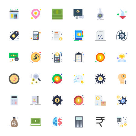 Future-ready pack of 36 vector icons themed around Cost, showcasing Flat design with Retina Ready Pixel Optimized clarity for innovative user interfaces.のイラスト素材