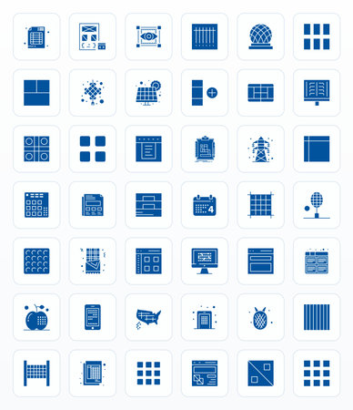 Collection of 42 Glyph PIXEL Perfect vector icons for Grid, designed in 128x128 format for clarity and versatility.のイラスト素材