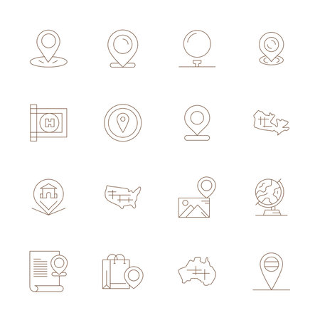 A versatile set of 16 Thin Line Pixel Optimized vector icons focused on Geographical, delivered in crisp 128x128 format ideal for mobile and web applications.のイラスト素材