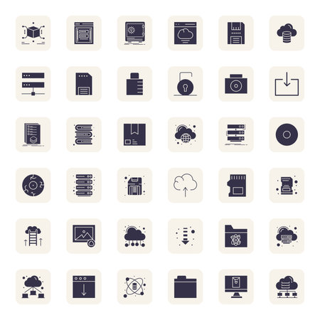 Revolutionary set of 36 Pixel Optimized vector icons inspired by Data Storage, created in Filled format at 128x128 resolution for cutting-edge design.のイラスト素材