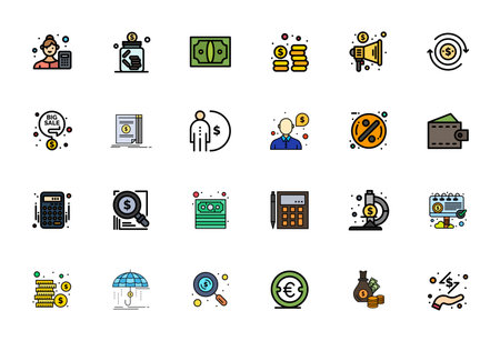 Transform your designs with 24 Flat Line Filled vector icons themed around Budget, engineered in 256x256 Editable resolution for maximum clarity.のイラスト素材