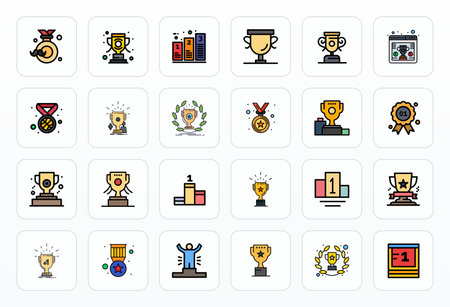 Meticulously crafted 24 Filled Line vector icons for First Place, delivered in 128x128 Pixel Aligned quality for uncompromising design standards.のイラスト素材