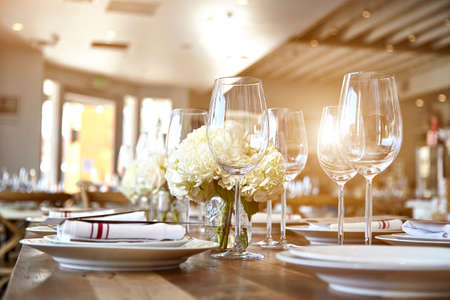 Beautiful table set for some festive event, party or wedding receptionの写真素材