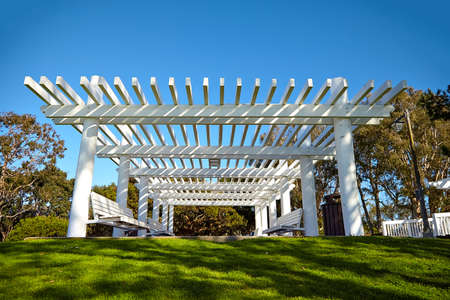 White wooden shelter from the sun in Marina Del Rey Californiaの写真素材