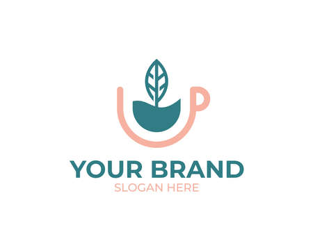 Set of vector green tea and hot coffee flat logo icons. Abstract concept for bar menu, coffee or tea shop, cafe, organic product.のイラスト素材