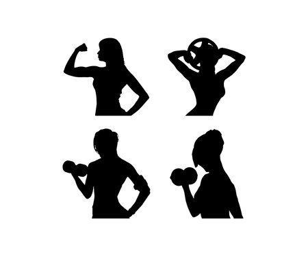 Fitness club logo with exercising athletic man and woman isolated on white, Silhouette of Training Bodybuilder Girl with Barbell. Fitness club Gymのイラスト素材