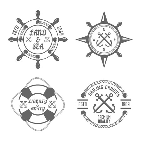 Set of monochrome vector nautical labels on white background.のイラスト素材