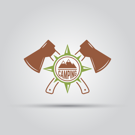 Camping isolated vector label, two crossed hatchets and compassのイラスト素材