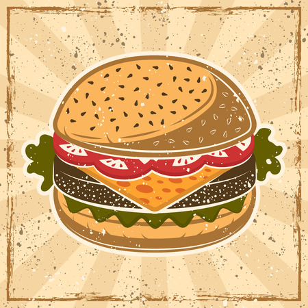 Colored burger retro banner on background with rays and grunge textures on separate layersのイラスト素材