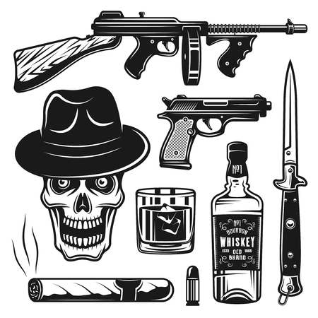 Set of mafia and gangsters vintage objects isolated on white backgroundのイラスト素材
