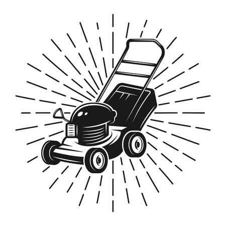 Lawn mower with rays vector monochrome illustration in vintage style isolated on white backgroundのイラスト素材