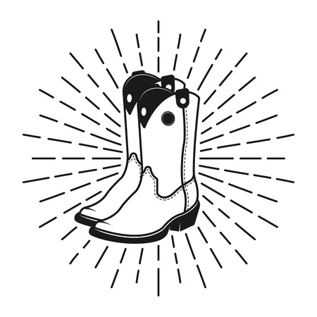 Cowboy boots label, emblem or stamp with rays vector monochrome illustration in vintage style isolated on white backgroundのイラスト素材