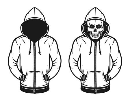 Hoodie with blank face and with skull set of two vector objects or design elements in vintage style isolated on white backgroundのイラスト素材