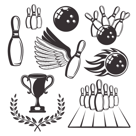 Bowling set of vector black design elements and objects isolated on white backgroundのイラスト素材