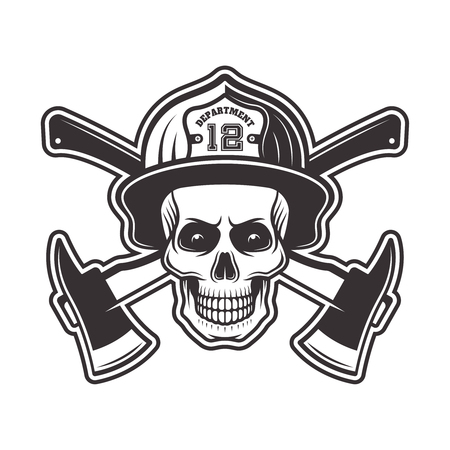 Firefighter skull in helmet and two crossed axes vector illustration in monochrome style isolated on white backgroundのイラスト素材