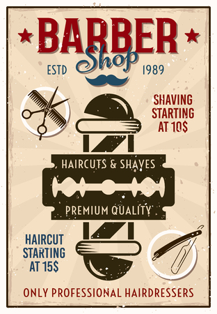 Barber shop vintage colored poster with pole and razor blade vector illustrationのイラスト素材