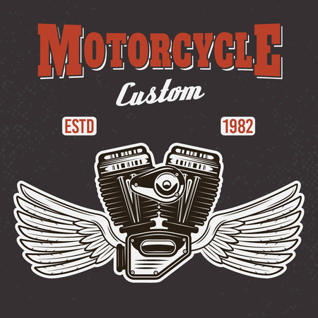 Motorcycle engine with wings vector t-shirt print on dark background and grunge textureのイラスト素材