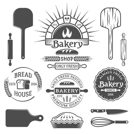 Bakery and brick oven set of vector monochrome emblems, labels, badges and design elements wooden shovel, bread, pie, cutting board, rolling pin isolated on white backgroundのイラスト素材