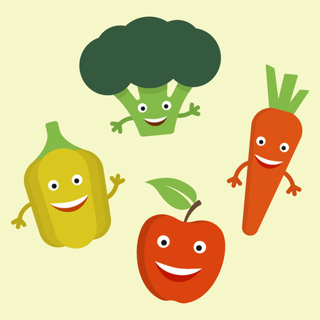Funny cartoon vegetables with eyes and mouths vector illustration in flat style apple, carrot, broccoli, sweet pepperのイラスト素材