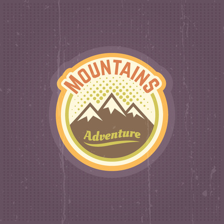 Mountains vector vintage round colored label, emblem, sticker on purple background with grunge textureのイラスト素材
