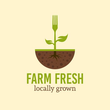 Fork with green leaves and root sprout from the soil, vector logo concept template with sample text, farm fresh products logo, restaurant logo, farming and agriculture logoのイラスト素材