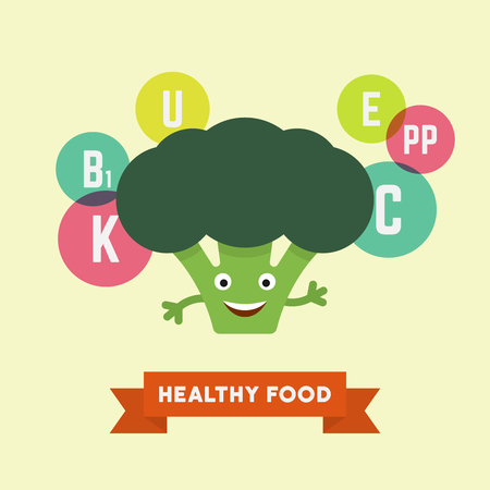 Funny cartoon smiling broccoli with vitamins flying bubbles colorful vector illustration in flat style, healthy food broccoli character face design element for your infographicのイラスト素材