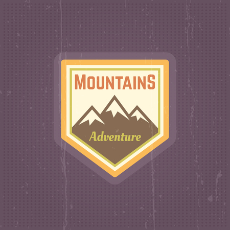 Mountains vector vintage colored emblem, sticker on purple background with grunge textureのイラスト素材