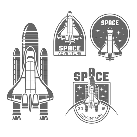 Space shuttle design element and space vector monochrome labels, badges, emblems in vintage style, isolated on white backgroundのイラスト素材