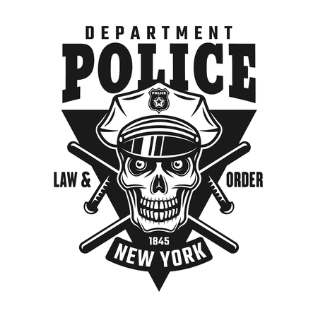 Skull of policeman, two crossed batons and text police department. Vector emblem or shirt print in monochrome style isolated on white backgroundのイラスト素材