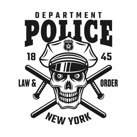 Skull in police cap with two crossed batons vector emblem or shirt print isolated on white backgroundのイラスト素材