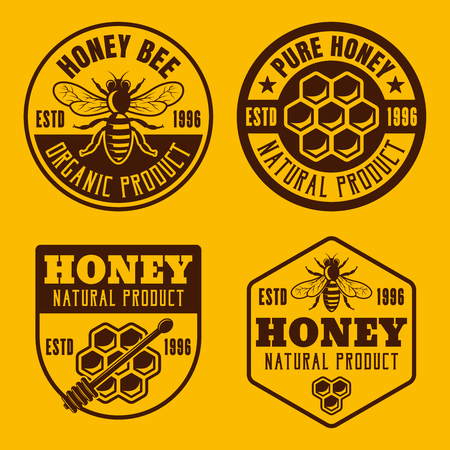 Set of four honey and beekeeping badges, emblems, labels vector illustration on yellow backgroundのイラスト素材