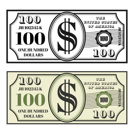 Money banknote set of two style black and colored front view vector illustration isolated on white backgroundのイラスト素材
