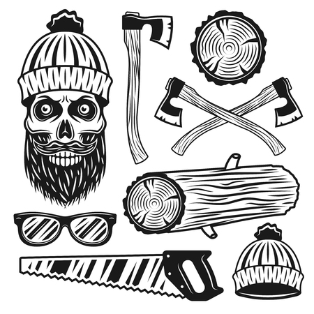 Lumberjack equipment and attributes set of vector objects or design elements isolated on white backgroundのイラスト素材