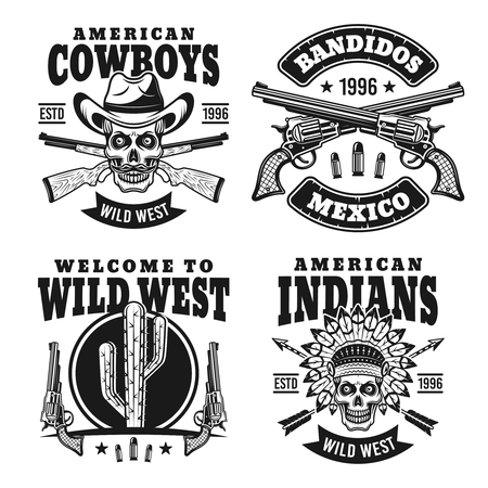 Western set of four black vector emblems, badges, labels or logos isolated on white backgroundのイラスト素材