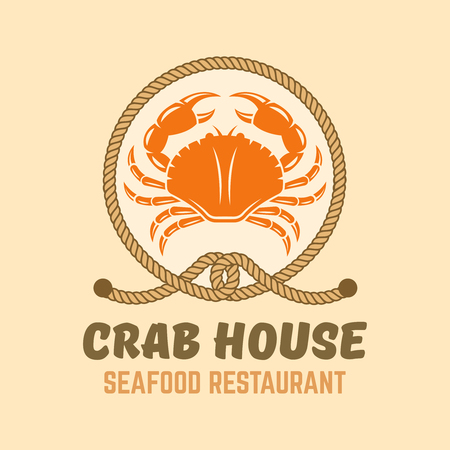 Seafood restaurant menu vintage vector illustration with silhouette of red crab and circle rope frame, Crab house poster template with sample textのイラスト素材