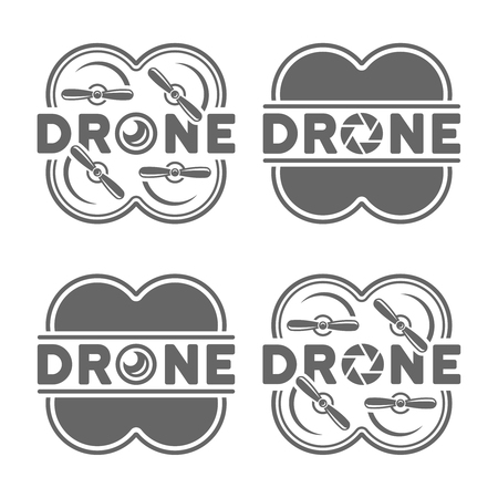 Set of four drones and quadrocopters with camera lens for aerial photography, monochrome design elements isolated on white backgroundのイラスト素材