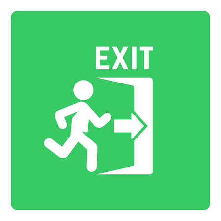 Emergency exit vector sign with man silhouette and open door on green background, exit green sticker close-upのイラスト素材