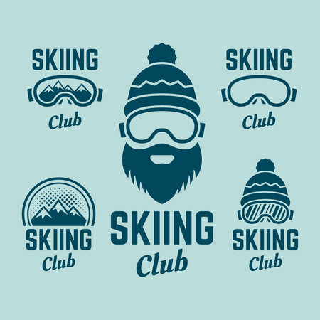 Skiing club set of colored vector labels, badges, emblems and logos, skier face with beard, ski glasses, winter hatのイラスト素材