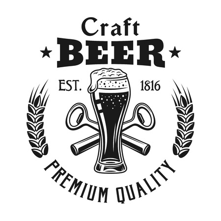 Brewery emblem, label, badge or logo in monochrome vintage style with beer glass isolated on white backgroundのイラスト素材