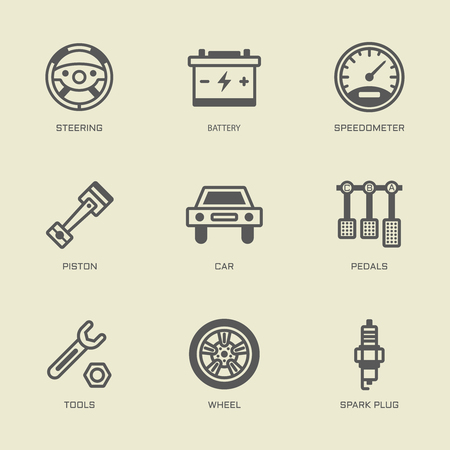 Set of car service isolated vector outline icons, automobile repair nine icons collectionのイラスト素材