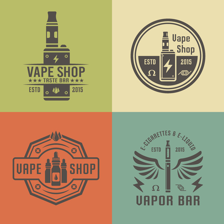 Vape shop and vapor bar, electronic cigarette and electronic liquid, set of vector labels, badges, emblemsのイラスト素材