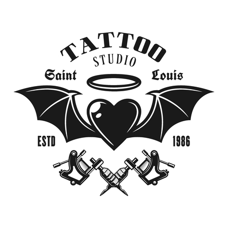 Heart with diabolic wings and angelic nimbus vector emblem in vintage monochrome style isolated on white backgroundのイラスト素材