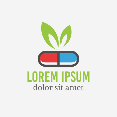 Pill capsule with green leaf, pharmacology and alternative medicine isolated vector logo template with sample textのイラスト素材