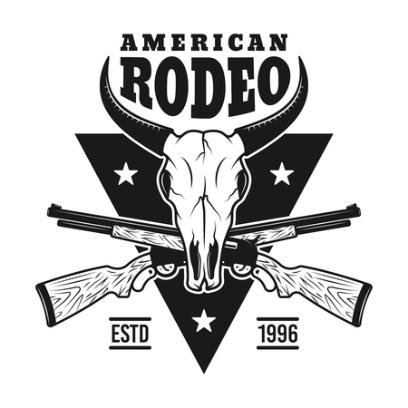 Rodeo vector emblem with bull skull and two crossed rifles in vintage monochrome style isolated on white backgroundのイラスト素材