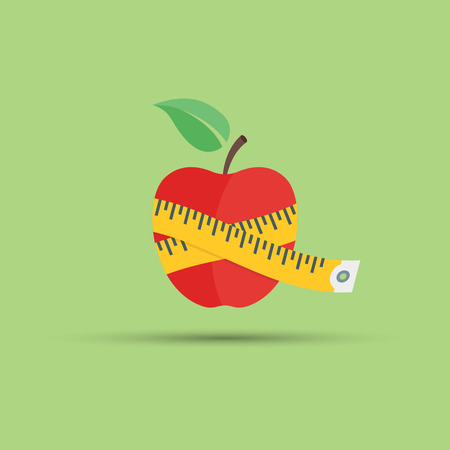Apple and centimeter vector flat element on green background, fitness and diet, healthy eatingのイラスト素材