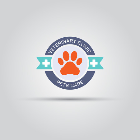 Round label for veterinary clinic with dog paw print and sample text, isolated vector logo templateのイラスト素材