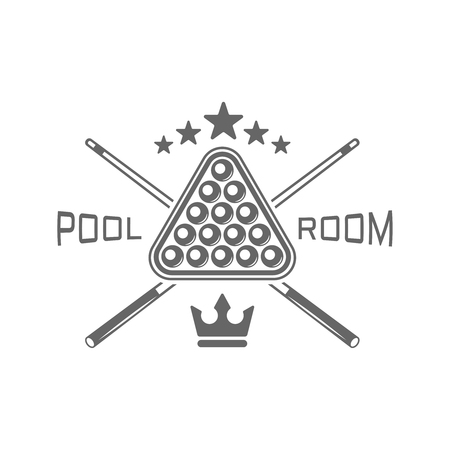Pool room or billiard club monochrome vector label on white background, triangle with balls and two crossed billiard cueのイラスト素材
