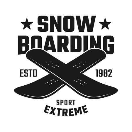 Two crossed boards vector emblem, badge, labels or logo for snowboarding club in vintage monochrome style isolated on white backgroundのイラスト素材