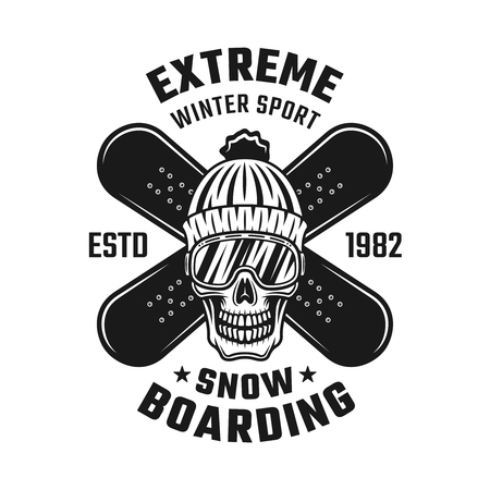 Snowboarding emblem, badge, labels or logo with skull and two crossed boards vector illustration in vintage monochrome style isolated on white backgroundのイラスト素材